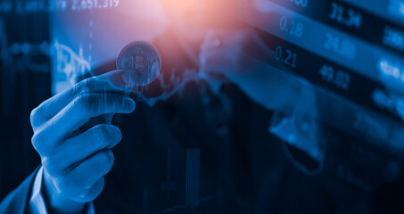 Modern way of exchange. Bitcoin is convenient payment in global economy market. Virtual digital currency and financial investment trade concept. Abstract cryptocurrency with gold bitcoin background.