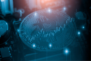 Modern way of exchange. Bitcoin is convenient payment in global economy market. Virtual digital currency and financial investment trade concept. Abstract cryptocurrency with gold bitcoin background.