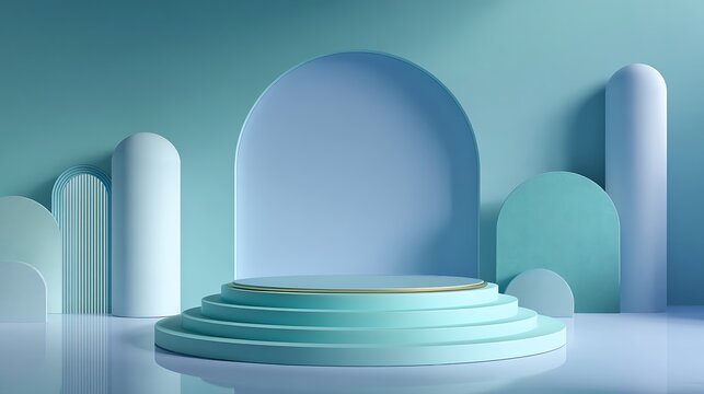 Minimalist pastel blue and mint green abstract stage podium with rounded architectural shapes and soft lighting for product display