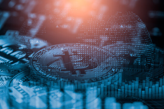 Modern way of exchange. Bitcoin is convenient payment in global economy market. Virtual digital currency and financial investment trade concept. Abstract cryptocurrency with gold bitcoin background.