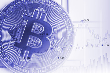 Modern way of exchange. Bitcoin is convenient payment in global economy market. Virtual digital currency and financial investment trade concept. Abstract cryptocurrency with gold bitcoin background.