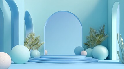 Serene pastel blue abstract stage with rounded architectural elements and decorative easter eggs and foliage for product display