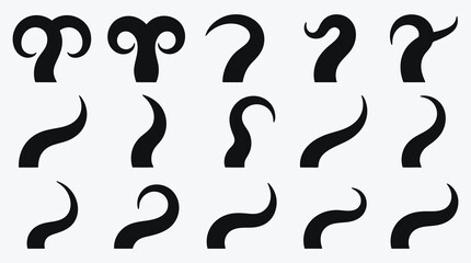 Collection of fifteen black tentacles in various shapes on a white background
