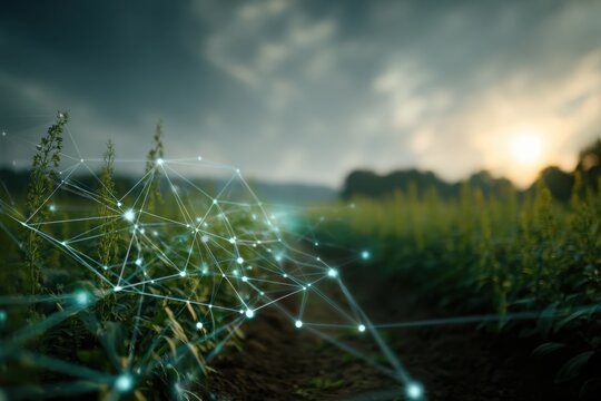 Innovative technology connecting data points in an agricultural landscape during sunset with crops and a network of lights