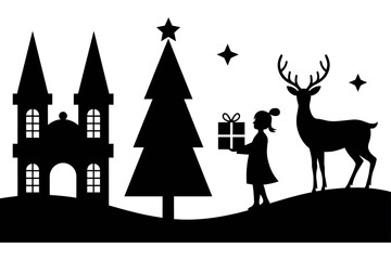 Silhouette scene of a castle, christmas tree, girl with gift, and reindeer under a starry sky landscape