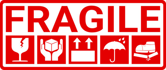 sticker fragile handle with care, red and white fragile warning label, fragile label with broken glass symbol, vector asset. warning sign for delivery package.