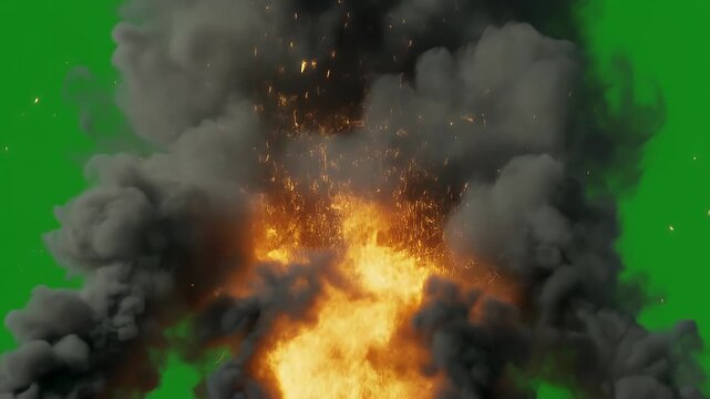 Intense explosion with vibrant flames erupting amidst dark smoke, creating a dramatic visual effect on a green screen background, perfect for visual effects and motion graphics