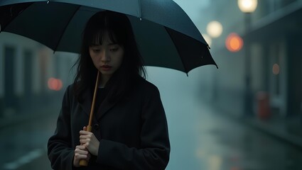 a stylish woman with umbrella walking under rain at night, illuminated by moody city lights with cinematic atmosphere.