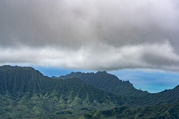 Obraz premium Directly ahead is Pu'u Manamana and Pu'ukānehoalani / Kualoa Ranch . Top of Poamoho Trail, Honolulu,Windward Coast Oahu, Hawaii. Koʻolau Range ( shield volcano ). Stratocumulus cloud 