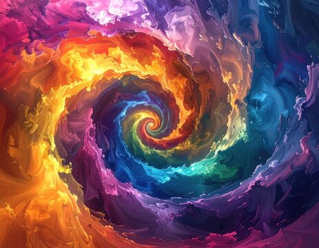Swirling, vibrant rainbow spiral in an abstract, artistic design