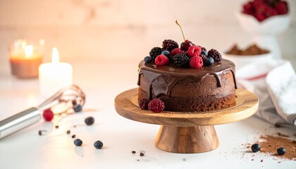 A decadent, freshly baked chocolate cake generously adorned with a vibrant medley of fresh raspberries, blueberries, and blackberries, elegantly presented on a wooden stand in a warm, inviting setting