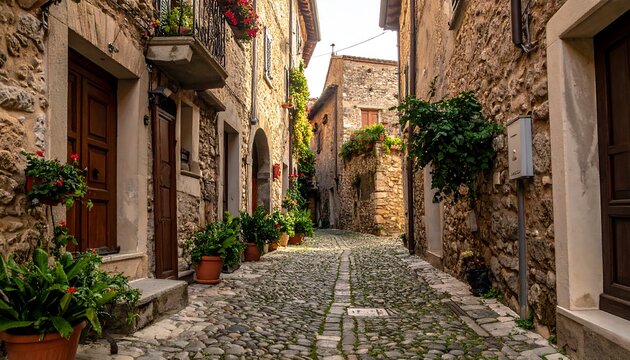 A narrow cobblestone street winds through a charming European village, lined with stone buildings adorned with vibrant flowers and greenery