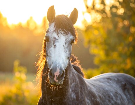 Close-up of a horse with a dappled face, backlit by the sun