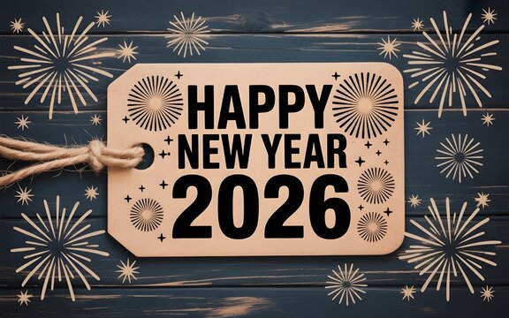 Happy new year 2026 text on a tag with fireworks on a dark wooden background, celebrating the upcoming year with festive elements and a sense of joy and anticipation for the future
