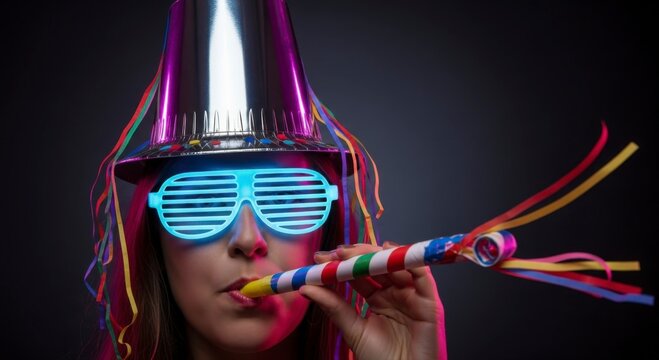 Upbeat celebration with a fun woman in glowing party gear blowing a colorful noisemaker