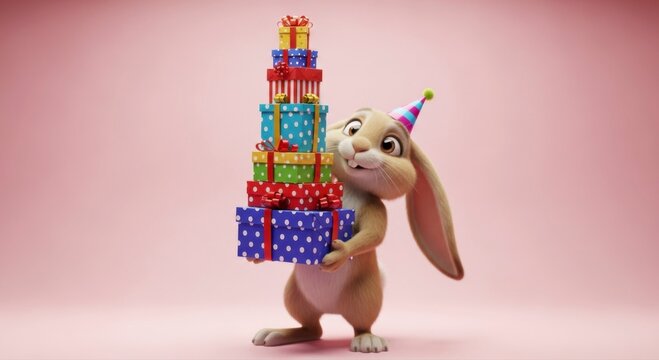 Bunny Carrying Colorful Stack of Birthday Gifts with Party Hat on Pink Background