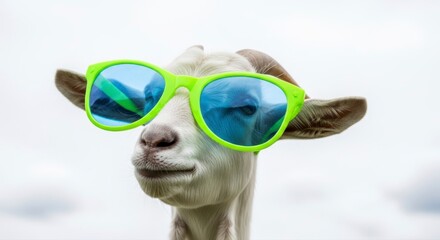 A cool goat wearing vibrant green sunglasses looks directly at the camera with a humorous expression against a bright sky.