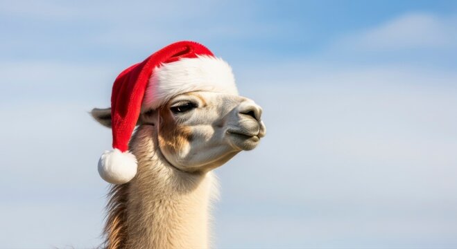 Close-up of a cute llama wearing a festive red Santa hat against a bright blue sky, celebrating Christmas. - Powered by Adobe