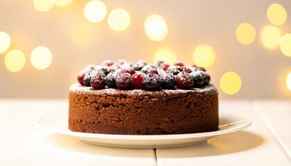 Deliciously decorated chocolate cake dusted with powdered sugar and fresh berries, a festive treat