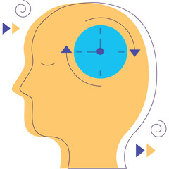 Illustration of a human head silhouette with a blue clock inside the brain representing thought process and time management concept