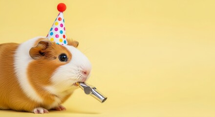 A cute guinea pig wearing a colorful polka dot party hat and holding a silver whistle in its mouth against a bright yellow background.