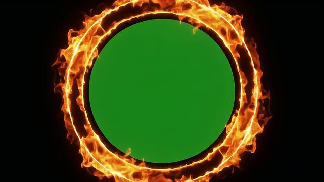 Dynamic ring of fire with a central green screen circle for chroma key compositing, creating a portal or frame effect on a black background