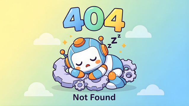 A friendly cartoon robot sleeps atop scattered gears against a pastel gradient. This 404 Not Found illustration conveys downtime, tech glitches, and calm resilience in a light, colorful style.