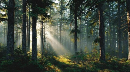 Fototapeta premium Panoramic view of a serene forest bathed in morning sunlight, revealing towering trees and gentle foliage