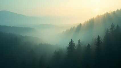 Obraz premium Cinematic mist over dense evergreen forest with a tranquil atmosphere and layered horizon.