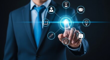 Businessman Taps Interactive Digital Screen with Education and Career Icons Displayed