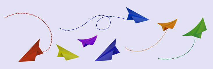 Paper plane icons designed in vector format. This collection includes various paper plane styles&mdash;flying, tilted, dotted trail versions, and communication-themed icons.