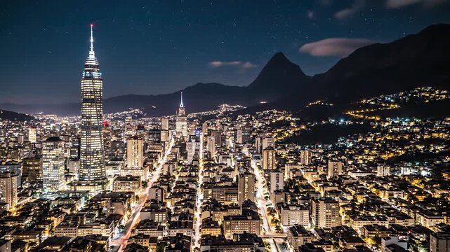Santiagos bustling cityscape at night showcases towering skyscrapers, vibrant streetlights, majestic mountain ranges, and limitless possibilities for innovation and progress in modern urban.