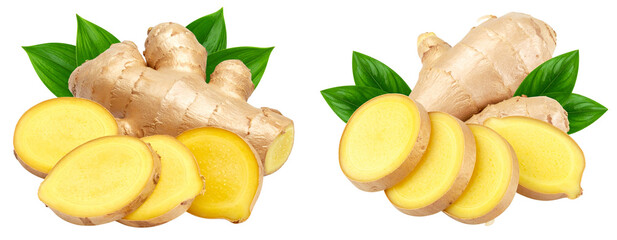 Set of Sliced Ginger with Green Leaves — Transparent PNG Cutouts