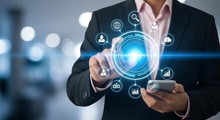 Businessman touching virtual interface on mobile phone for business technology concept