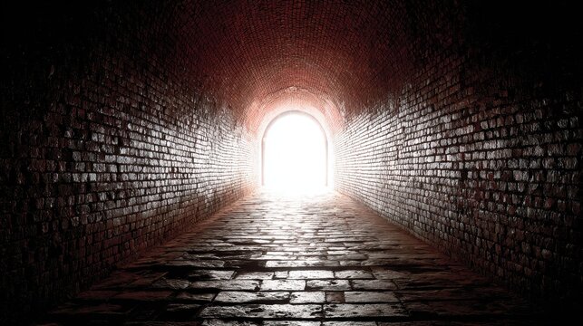 Historic brick tunnel leading to a blinding white light at the end, creating a mysterious and intriguing atmosphere