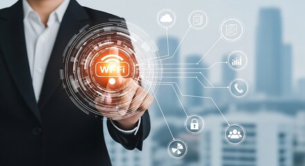 Businessman touching WiFi icon with digital network connection interface concept