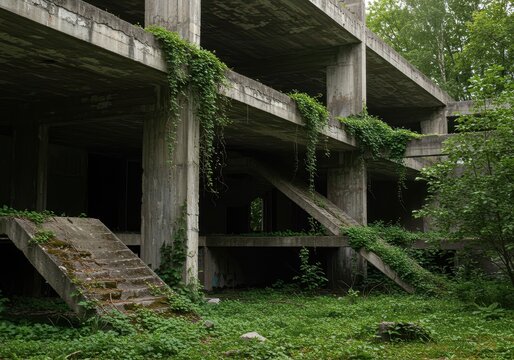 Forgotten concrete architecture shows severe structural decay. Sleek modernist shapes are slowly being consumed by dense, encroaching jungle growth, brutalist, brutalism, crumbling