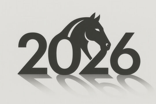 Black minimalist design of 2026 text featuring a horse head silhouette and bold shadows creating depth on white background. - Powered by Adobe