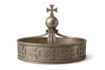 Crown representing royalty and power, medieval metallic coronet with imperial cross symbol, transparent background