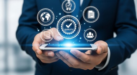 Businessman using smartphone with quality control and certification icons technology