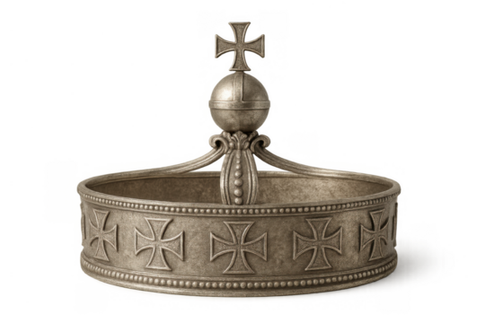 Crown representing royalty and power, medieval metallic coronet with imperial cross symbol, transparent background
