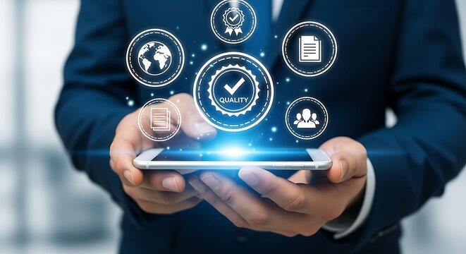 Businessman using smartphone with quality control and certification icons technology