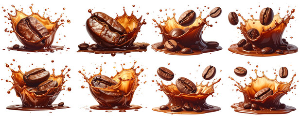Dynamic Coffee Splash with Realistic Beans — Transparent Background Set