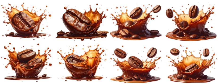 Dynamic Coffee Splash with Realistic Beans — Transparent Background Set