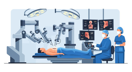 Surgeons operate a robotic surgical system on a patient in an advanced operating room with monitors displaying vital signs and anatomy