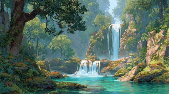 Majestic fantasy waterfall cascading into a serene turquoise pool surrounded by lush greenery and colorful flowers at dawn