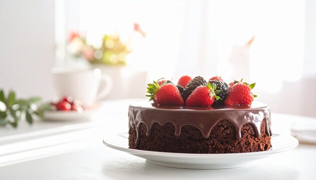 Homemade chocolate layer cake with glossy ganache and fresh mixed berries, sitting on a clean white table with natural light