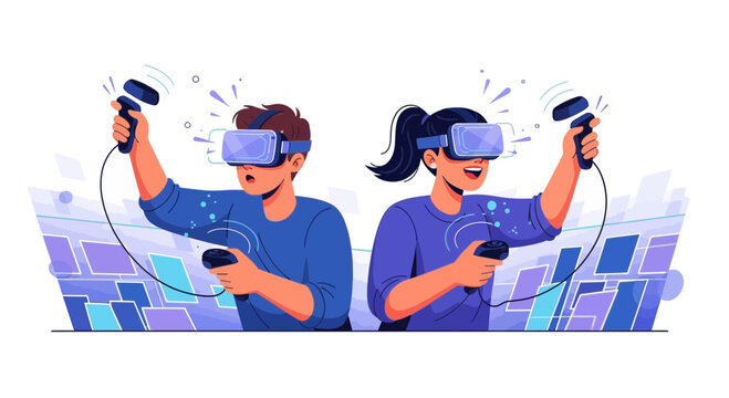 Excited young man and woman immersed in virtual reality gaming experience with headsets and controllers