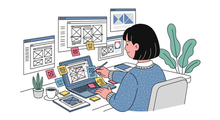 Young woman designer working on website wireframes and user interface design on her laptop and multiple screens