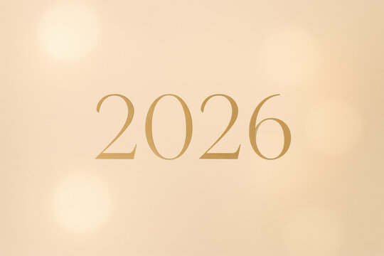 Minimalist 2026 gold typography on soft beige background evokes elegance and refined visual for modern celebration design.